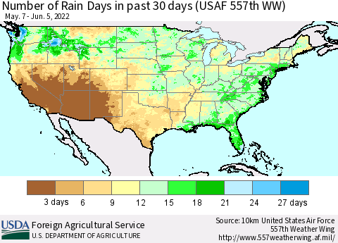 United States Number of Rain Days in past 30 days (USAF 557th WW) 06/05/2022 Thematic Map For 5/30/2022 - 6/5/2022