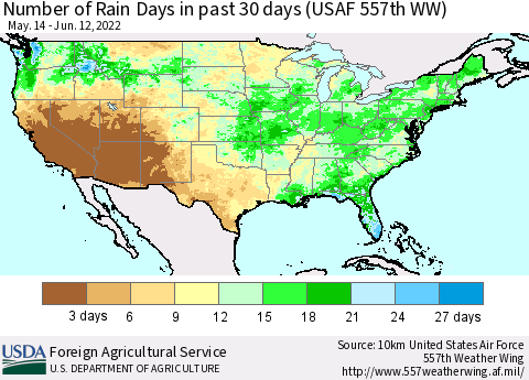 United States Number of Rain Days in past 30 days (USAF 557th WW) 06/12/2022 Thematic Map For 6/6/2022 - 6/12/2022