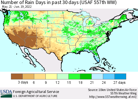 United States Number of Rain Days in past 30 days (USAF 557th WW) 06/19/2022 Thematic Map For 6/13/2022 - 6/19/2022