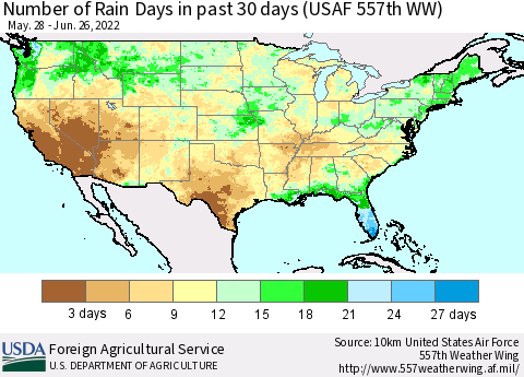 United States Number of Rain Days in past 30 days (USAF 557th WW) 06/26/2022 Thematic Map For 6/20/2022 - 6/26/2022