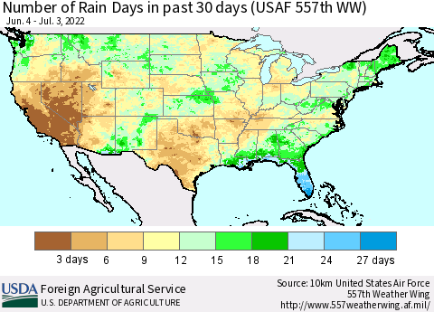 United States Number of Rain Days in past 30 days (USAF 557th WW) 07/03/2022 Thematic Map For 6/27/2022 - 7/3/2022