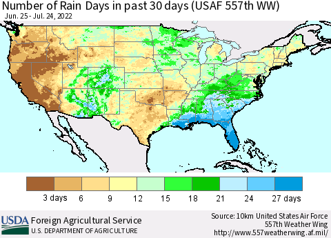 United States Number of Rain Days in past 30 days (USAF 557th WW) 07/24/2022 Thematic Map For 7/18/2022 - 7/24/2022