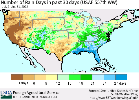 United States Number of Rain Days in past 30 days (USAF 557th WW) 07/31/2022 Thematic Map For 7/25/2022 - 7/31/2022