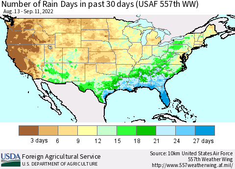United States Number of Rain Days in past 30 days (USAF 557th WW) 09/11/2022 Thematic Map For 9/5/2022 - 9/11/2022