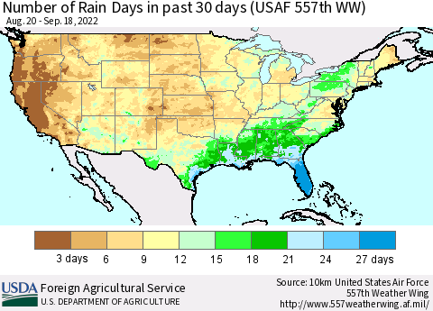 United States Number of Rain Days in past 30 days (USAF 557th WW) 09/18/2022 Thematic Map For 9/12/2022 - 9/18/2022