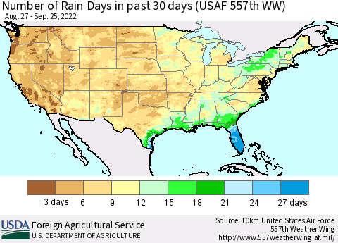 United States Number of Rain Days in past 30 days (USAF 557th WW) 09/25/2022 Thematic Map For 9/19/2022 - 9/25/2022