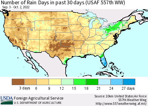 United States Number of Rain Days in past 30 days (USAF 557th WW) 10/02/2022 Thematic Map For 9/26/2022 - 10/2/2022
