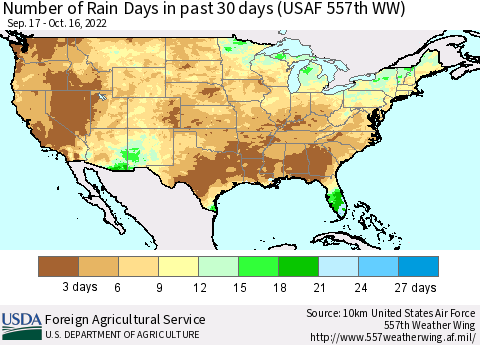 United States Number of Rain Days in past 30 days (USAF 557th WW) 10/16/2022 Thematic Map For 10/10/2022 - 10/16/2022