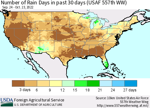 United States Number of Rain Days in past 30 days (USAF 557th WW) 10/23/2022 Thematic Map For 10/17/2022 - 10/23/2022