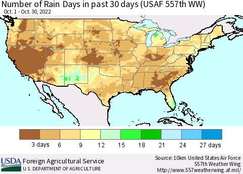 United States Number of Rain Days in past 30 days (USAF 557th WW) 10/30/2022 Thematic Map For 10/24/2022 - 10/30/2022
