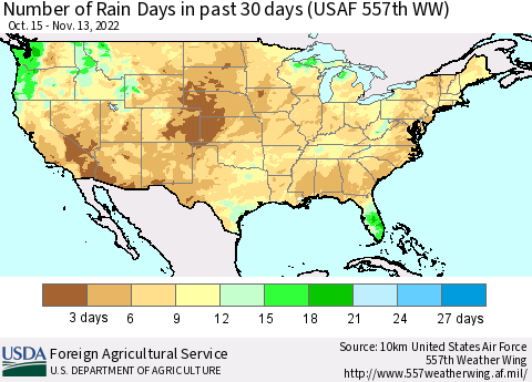 United States Number of Rain Days in past 30 days (USAF 557th WW) 11/13/2022 Thematic Map For 11/7/2022 - 11/13/2022