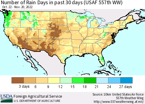 United States Number of Rain Days in past 30 days (USAF 557th WW) 11/20/2022 Thematic Map For 11/14/2022 - 11/20/2022