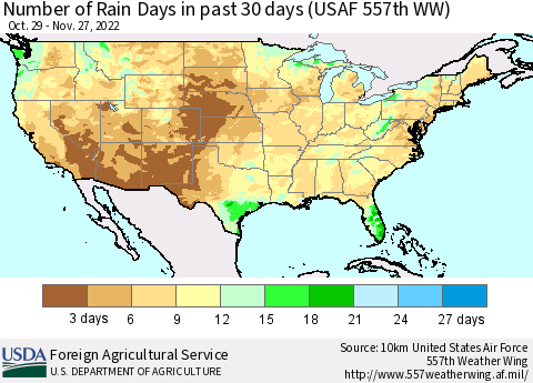United States Number of Rain Days in past 30 days (USAF 557th WW) 11/27/2022 Thematic Map For 11/21/2022 - 11/27/2022
