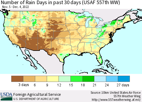 United States Number of Rain Days in past 30 days (USAF 557th WW) 12/04/2022 Thematic Map For 11/28/2022 - 12/4/2022
