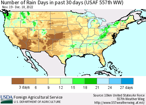 United States Number of Rain Days in past 30 days (USAF 557th WW) 12/18/2022 Thematic Map For 12/12/2022 - 12/18/2022