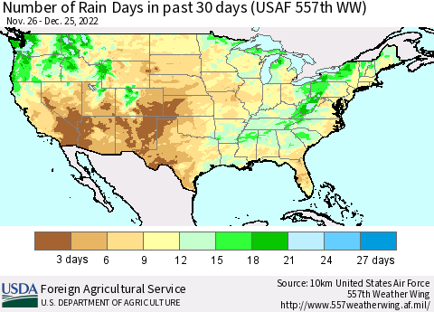 United States Number of Rain Days in past 30 days (USAF 557th WW) 12/25/2022 Thematic Map For 12/19/2022 - 12/25/2022