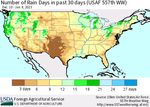 United States Number of Rain Days in past 30 days (USAF 557th WW) 01/08/2023 Thematic Map For 1/2/2023 - 1/8/2023