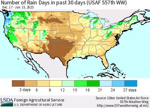 United States Number of Rain Days in past 30 days (USAF 557th WW) 01/15/2023 Thematic Map For 1/9/2023 - 1/15/2023