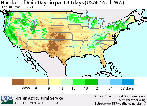 United States Number of Rain Days in past 30 days (USAF 557th WW) 03/19/2023 Thematic Map For 3/13/2023 - 3/19/2023