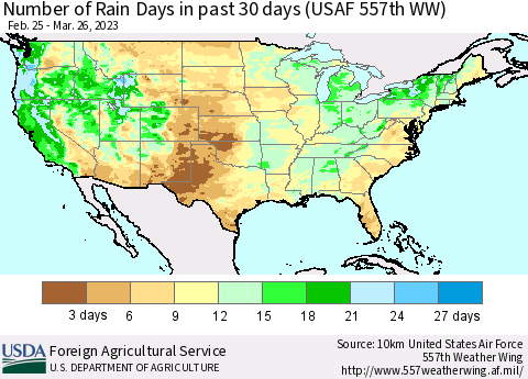 United States Number of Rain Days in past 30 days (USAF 557th WW) 03/26/2023 Thematic Map For 3/20/2023 - 3/26/2023