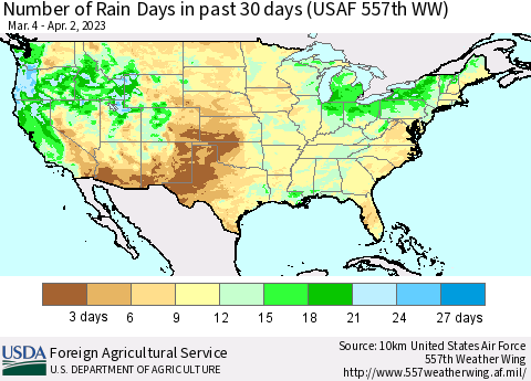 United States Number of Rain Days in past 30 days (USAF 557th WW) 04/02/2023 Thematic Map For 3/27/2023 - 4/2/2023