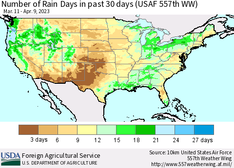 United States Number of Rain Days in past 30 days (USAF 557th WW) 04/09/2023 Thematic Map For 4/3/2023 - 4/9/2023