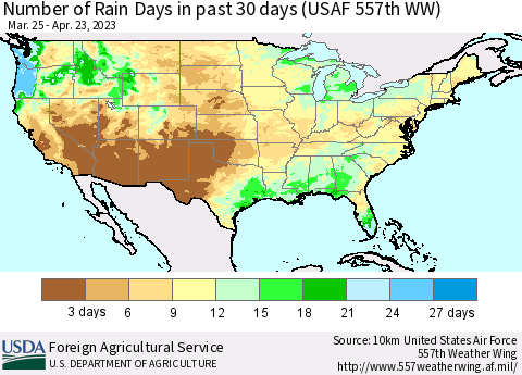 United States Number of Rain Days in past 30 days (USAF 557th WW) 04/23/2023 Thematic Map For 4/17/2023 - 4/23/2023