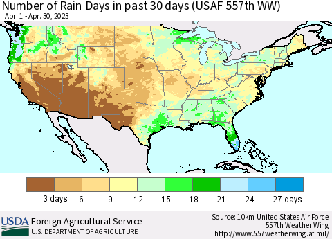 United States Number of Rain Days in past 30 days (USAF 557th WW) 04/30/2023 Thematic Map For 4/24/2023 - 4/30/2023