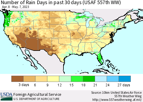United States Number of Rain Days in past 30 days (USAF 557th WW) 05/07/2023 Thematic Map For 5/1/2023 - 5/7/2023