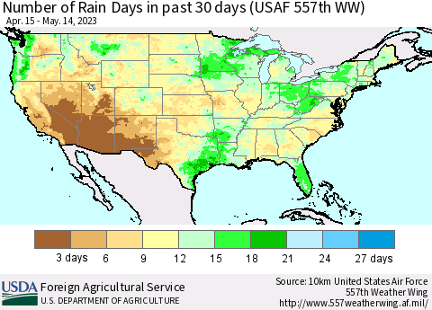 United States Number of Rain Days in past 30 days (USAF 557th WW) 05/14/2023 Thematic Map For 5/8/2023 - 5/14/2023
