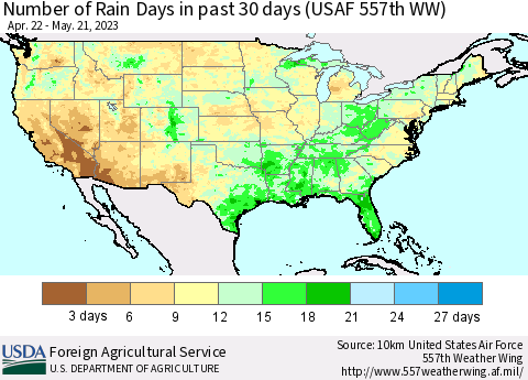 United States Number of Rain Days in past 30 days (USAF 557th WW) 05/21/2023 Thematic Map For 5/15/2023 - 5/21/2023