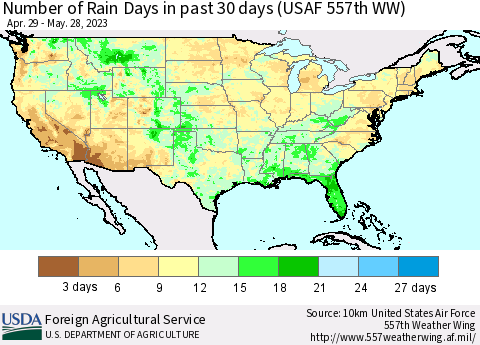 United States Number of Rain Days in past 30 days (USAF 557th WW) 05/28/2023 Thematic Map For 5/22/2023 - 5/28/2023