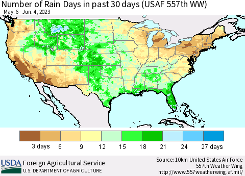 United States Number of Rain Days in past 30 days (USAF 557th WW) 06/04/2023 Thematic Map For 5/29/2023 - 6/4/2023