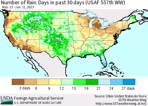 United States Number of Rain Days in past 30 days (USAF 557th WW) 06/11/2023 Thematic Map For 6/5/2023 - 6/11/2023