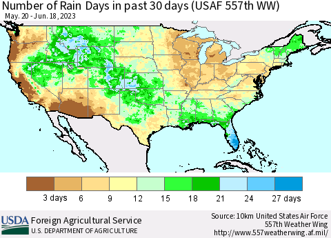 United States Number of Rain Days in past 30 days (USAF 557th WW) 06/18/2023 Thematic Map For 6/12/2023 - 6/18/2023