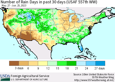 United States Number of Rain Days in past 30 days (USAF 557th WW) 06/25/2023 Thematic Map For 6/19/2023 - 6/25/2023