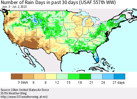 United States Number of Rain Days in past 30 days (USAF 557th WW) 07/02/2023 Thematic Map For 6/26/2023 - 7/2/2023