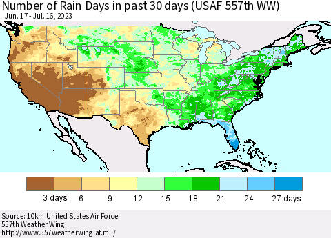 United States Number of Rain Days in past 30 days (USAF 557th WW) 07/16/2023 Thematic Map For 7/10/2023 - 7/16/2023