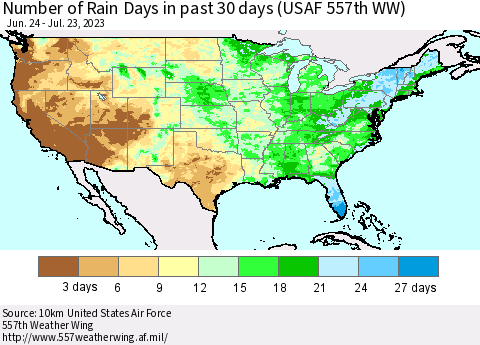 United States Number of Rain Days in past 30 days (USAF 557th WW) 07/23/2023 Thematic Map For 7/17/2023 - 7/23/2023