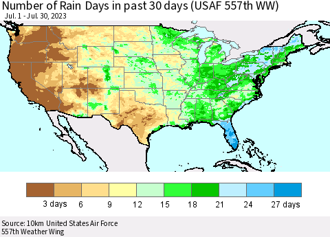 United States Number of Rain Days in past 30 days (USAF 557th WW) 07/30/2023 Thematic Map For 7/24/2023 - 7/30/2023