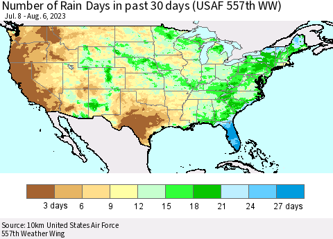 United States Number of Rain Days in past 30 days (USAF 557th WW) 08/06/2023 Thematic Map For 7/31/2023 - 8/6/2023