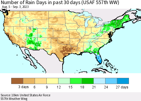 United States Number of Rain Days in past 30 days (USAF 557th WW) 09/03/2023 Thematic Map For 8/28/2023 - 9/3/2023