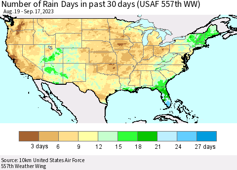 United States Number of Rain Days in past 30 days (USAF 557th WW) 09/17/2023 Thematic Map For 9/11/2023 - 9/17/2023