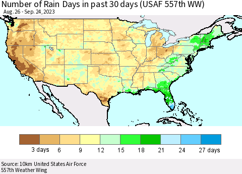 United States Number of Rain Days in past 30 days (USAF 557th WW) 09/24/2023 Thematic Map For 9/18/2023 - 9/24/2023