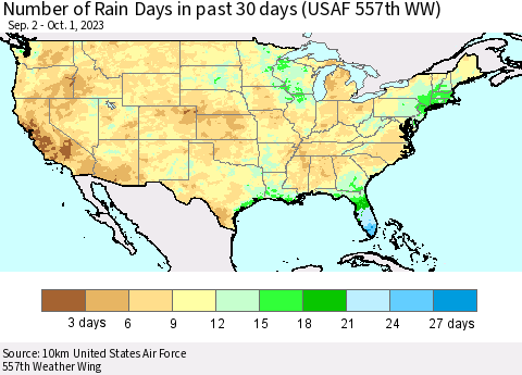 United States Number of Rain Days in past 30 days (USAF 557th WW) 10/01/2023 Thematic Map For 9/25/2023 - 10/1/2023