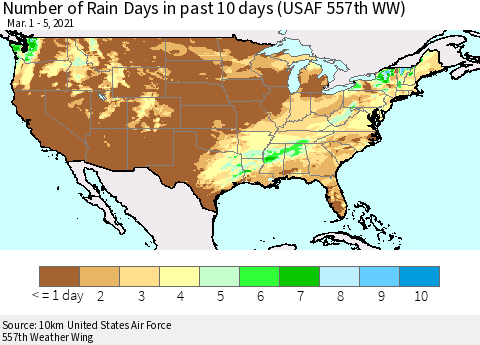 United States Number of Rain Days in past 10 days (USAF 557th WW) Thematic Map For 3/1/2021 - 3/5/2021