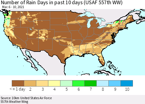 United States Number of Rain Days in past 10 days (USAF 557th WW) Thematic Map For 3/6/2021 - 3/10/2021
