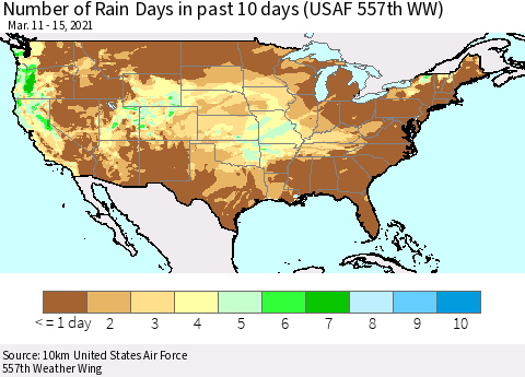 United States Number of Rain Days in past 10 days (USAF 557th WW) Thematic Map For 3/11/2021 - 3/15/2021