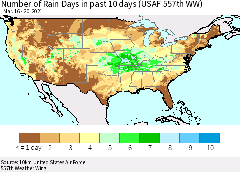 United States Number of Rain Days in past 10 days (USAF 557th WW) Thematic Map For 3/16/2021 - 3/20/2021