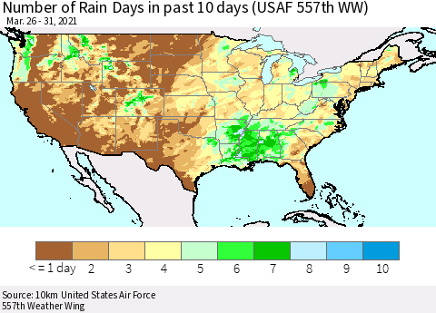 United States Number of Rain Days in past 10 days (USAF 557th WW) Thematic Map For 3/26/2021 - 3/31/2021